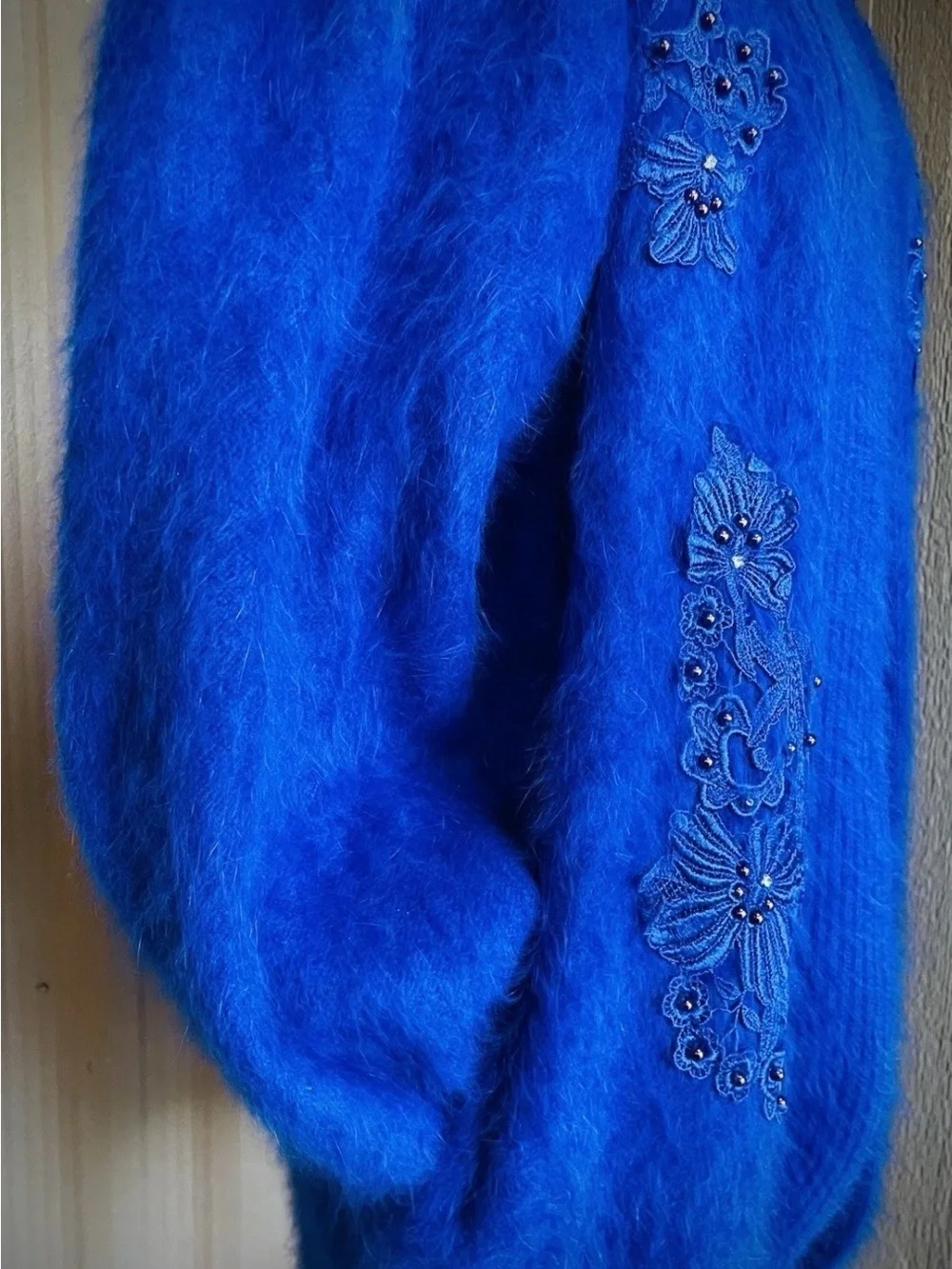 VTG 80% Angora Royal Blue Cardigan Sweater Jacket Beaded 80s Korea Puff Slv XL
